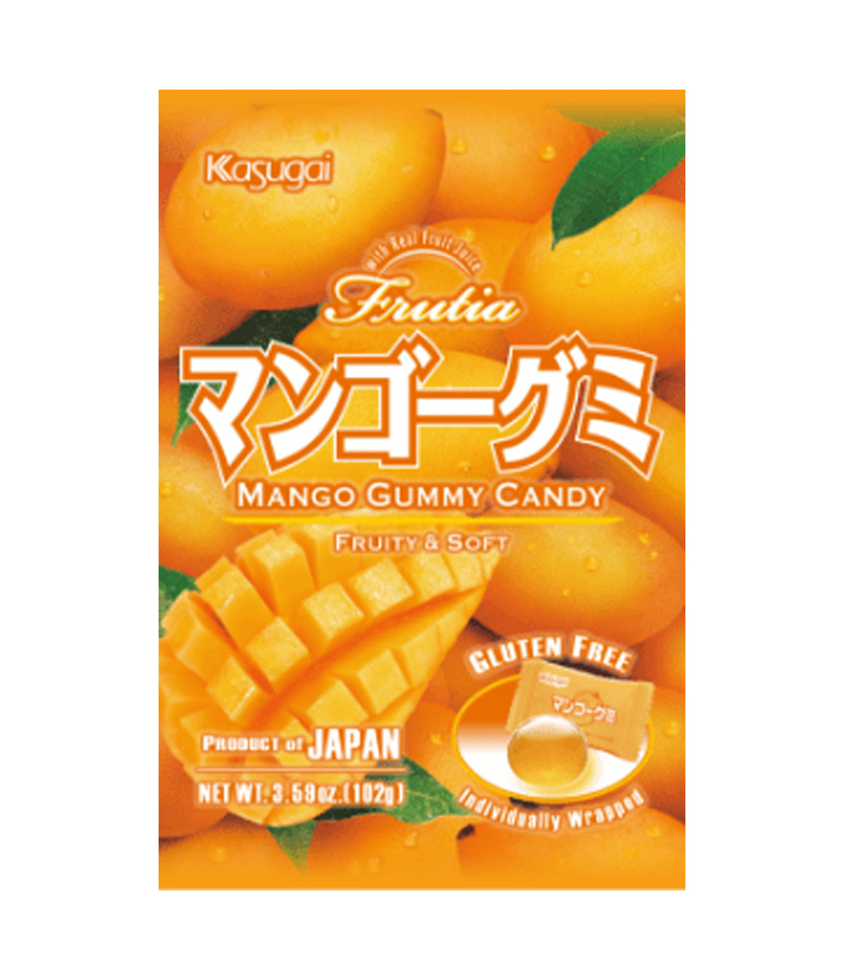 Packaging of Kasugai Mango Gummy Candy featuring images of mangoes and Japanese text, indicating the product is mango-flavored gummy candy.