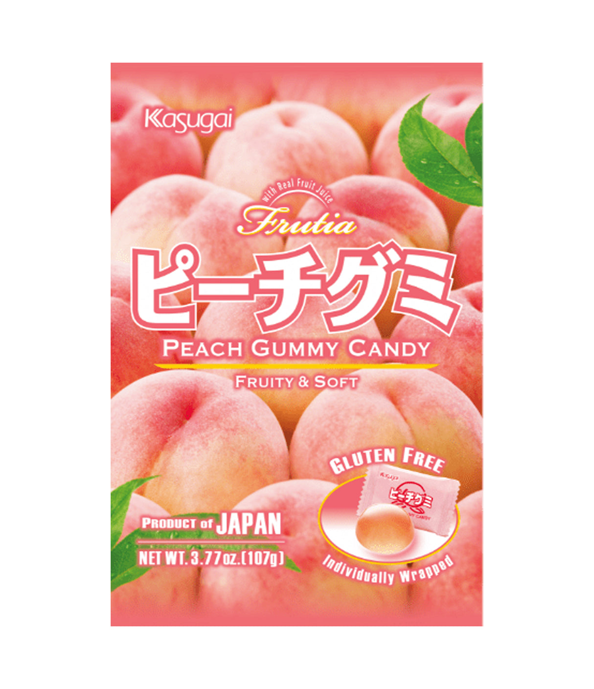 A package of Kasugai Peach Gummy Candy featuring images of peaches and the text 'Fruity & Soft', indicating the flavor and texture of the candy.