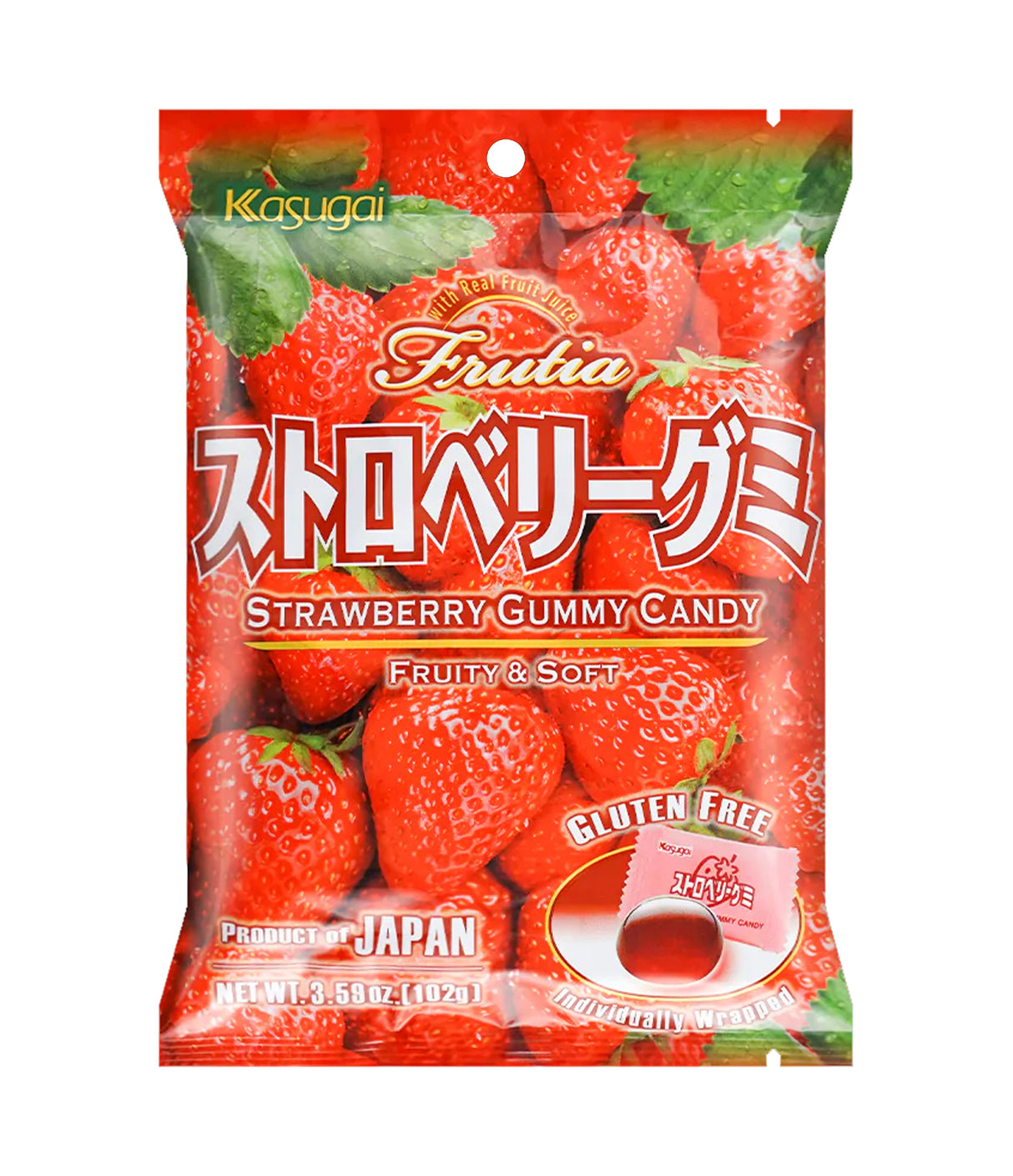 A package of Kasugai Strawberry Gummy Candy featuring images of strawberries and Japanese text, indicating the product is gluten-free and made in Japan.