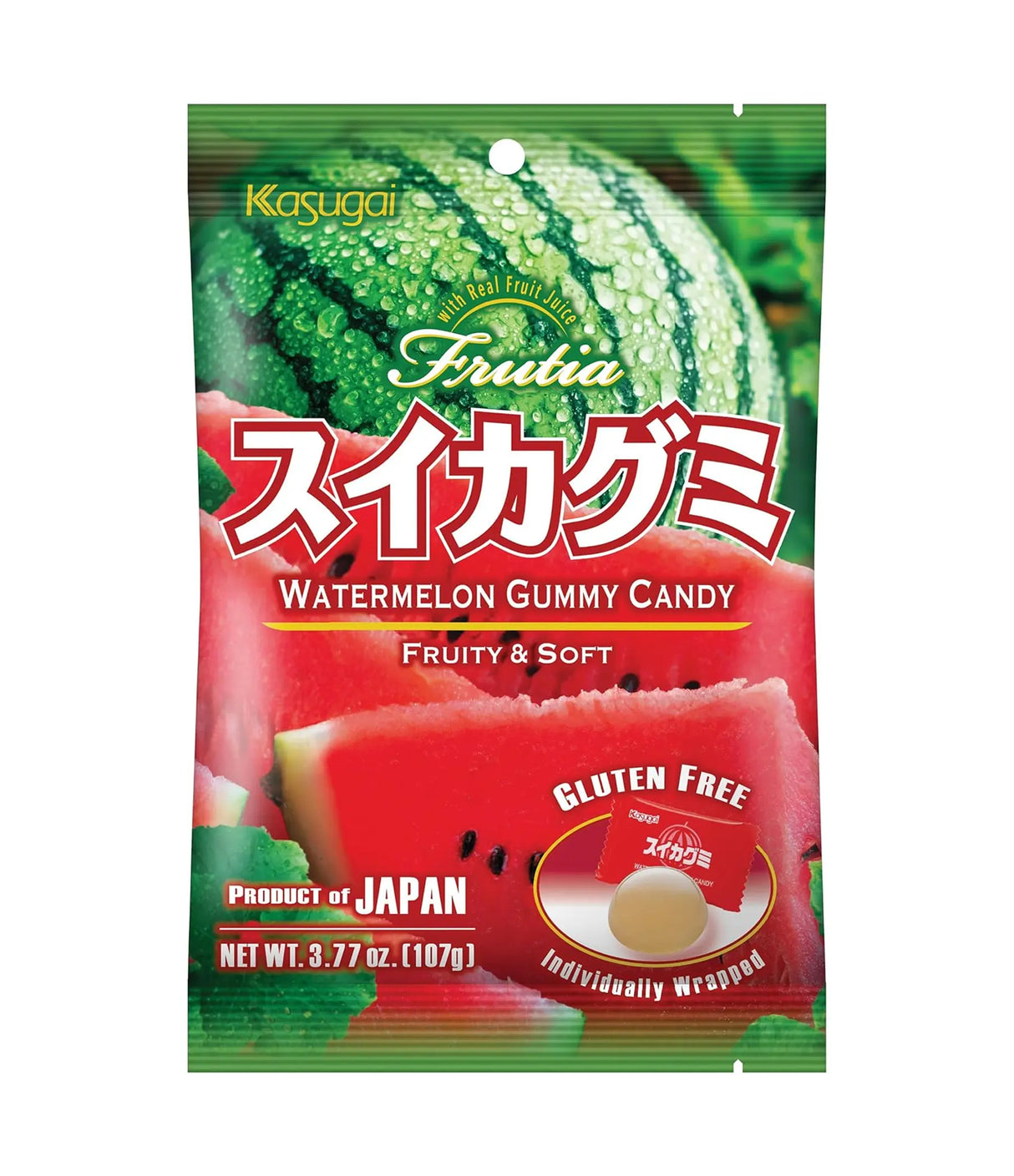 Packaging of Kasugai Fruilia watermelon gummy candy with Japanese text