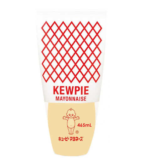 A bottle of Kewpie Mayonnaise, commonly used in Japanese cuisine, with a distinctive red and white checkered design on the label.
