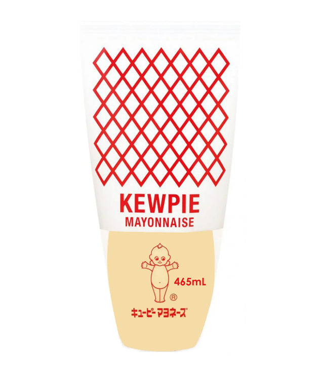 A bottle of Kewpie Mayonnaise, commonly used in Japanese cuisine, with a distinctive red and white checkered design on the label.