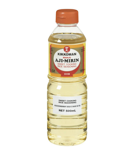 A bottle of Kikkoman Manjo Aji-Mirin Sweet Cooking Rice Seasoning, 500ml, with Japanese text on the label.