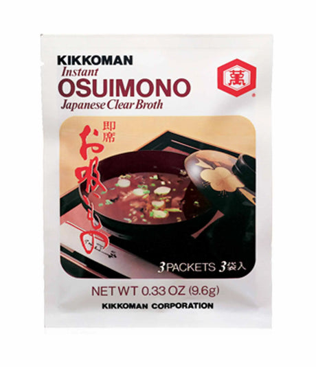 Packaging of Kikkoman Instant Osuimono Japanese Clear Broth showing the product name, weight, and an image of a bowl of soup.