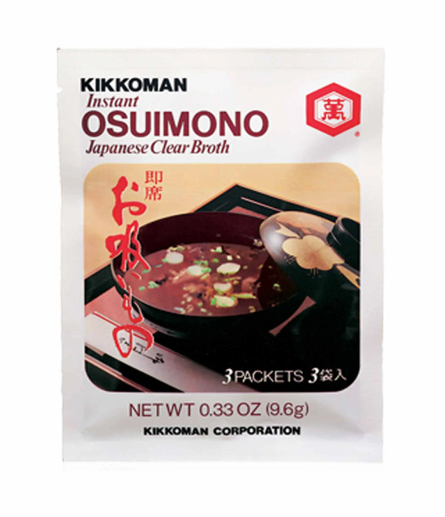 Packaging of Kikkoman Instant Osuimono Japanese Clear Broth showing the product name, weight, and an image of a bowl of soup.