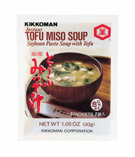 A packaged product of Kikkoman Instant Tofu Miso Soup, showing the product name, weight of 1.05 oz (30g), and an image of a bowl of soup with tofu and seaweed.