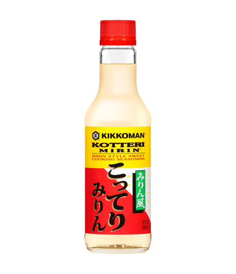 A bottle of Kikkoman Kotteri Mirin, a Japanese cooking wine product, with a red cap and label primarily in white and red colors.