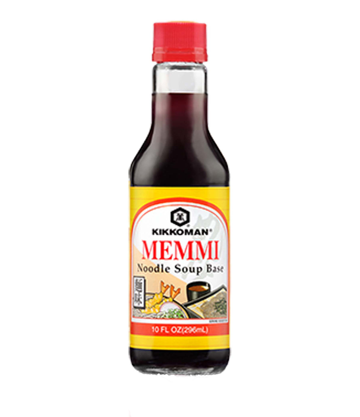 A bottle of Kikkoman Memmi Noodle Soup Base, 296ml, with a red cap and label displaying the product name and Japanese flag.