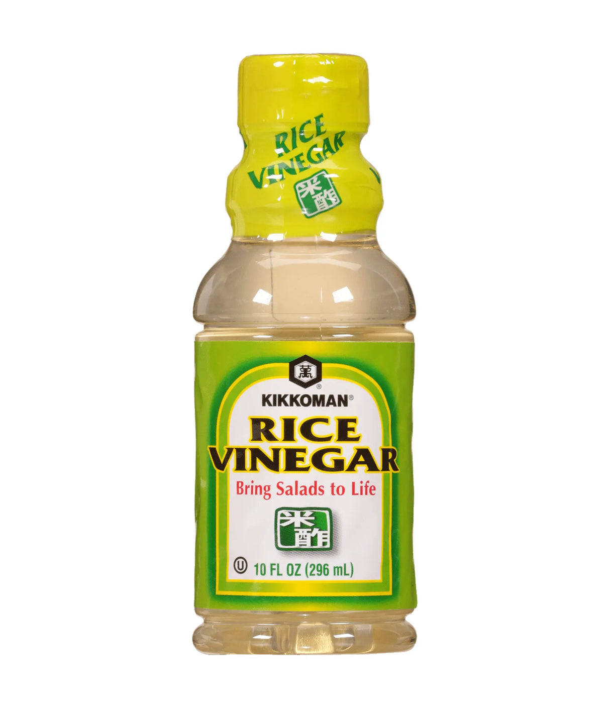 A bottle of Kikkoman Rice Vinegar with a green label and yellow cap, displaying the product name and volume information.