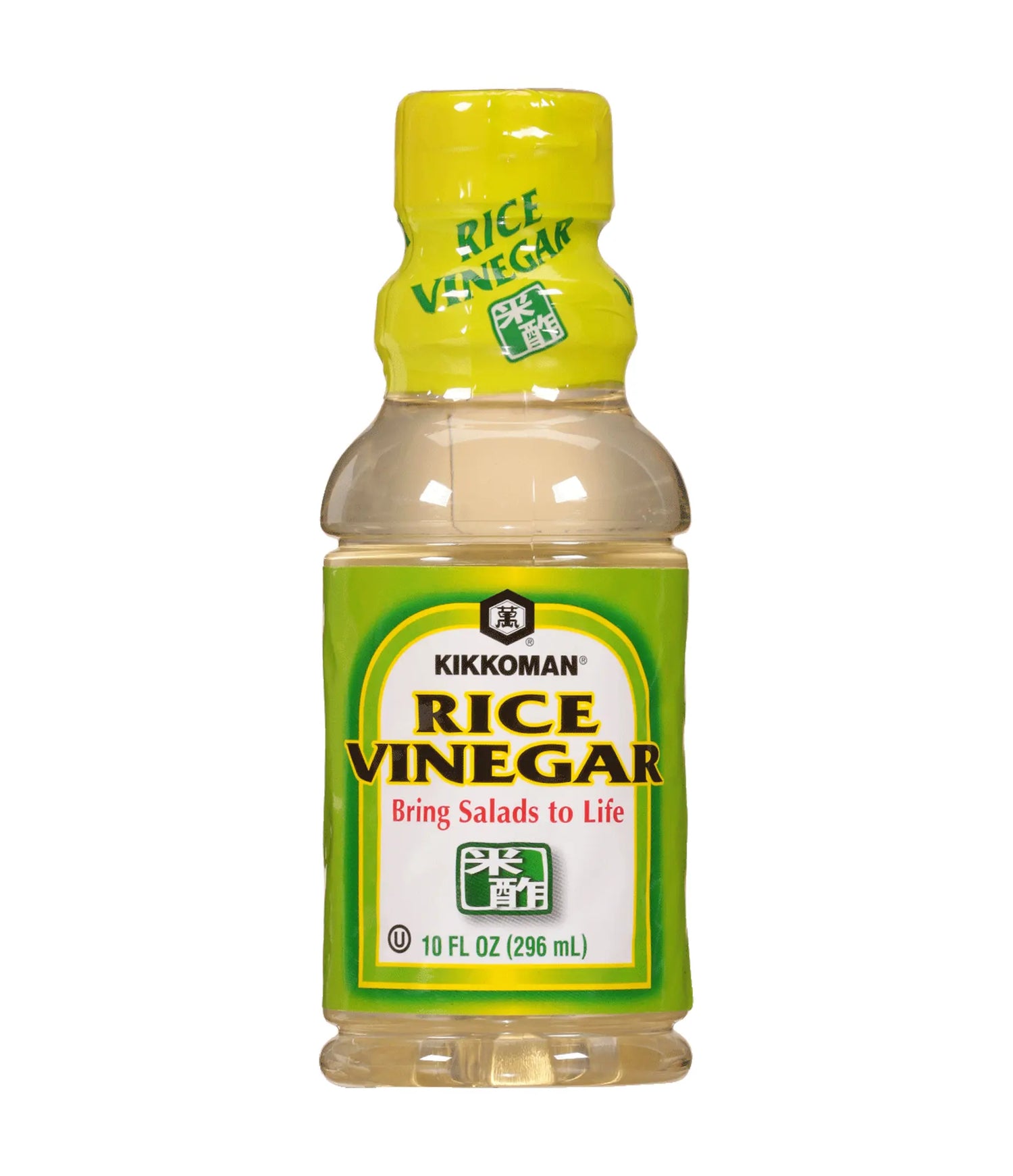 A bottle of Kikkoman Rice Vinegar with a green label and yellow cap, displaying the product name and volume information.
