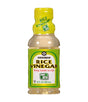 A bottle of Kikkoman Rice Vinegar with a green label and yellow cap, displaying the product name and volume information.