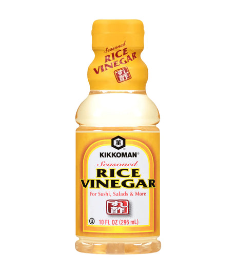 A bottle of Kikkoman Seasoned Rice Vinegar with a yellow cap and label, indicating the product is 296ml in size.