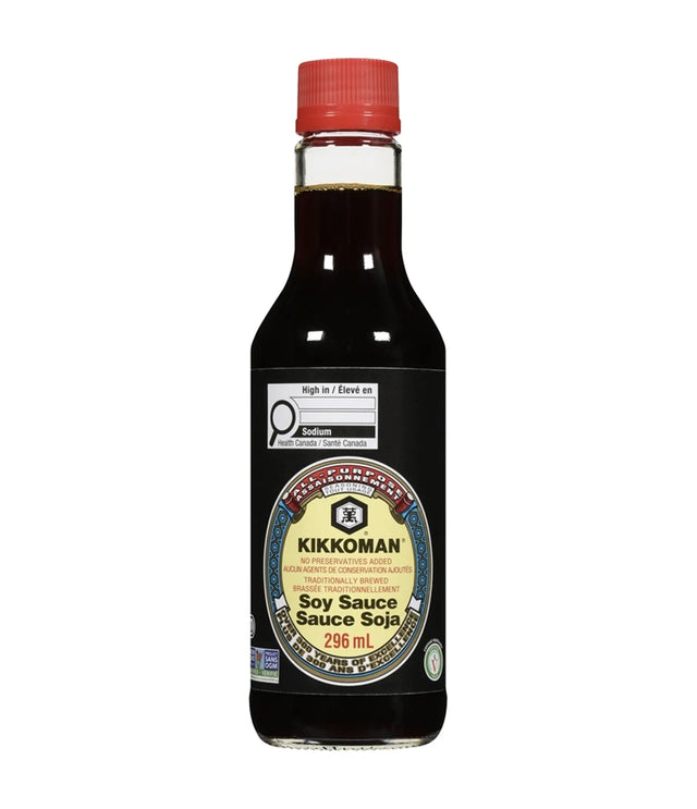 Bottle of Kikkoman soy sauce on a white background