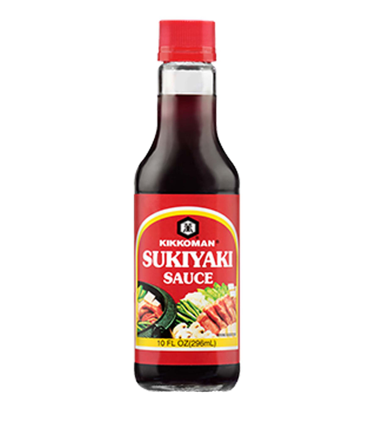 A bottle of Kikkoman Sukiyaki Sauce with a red cap and label featuring an image of a pot with vegetables, indicating the product is for enhancing Japanese-style dishes.