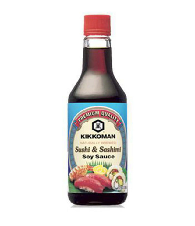 A bottle of Kikkoman Sushi & Sashimi Soy Sauce with a label depicting a fish and a piece of sushi, indicating the product is a condiment for Japanese cuisine.