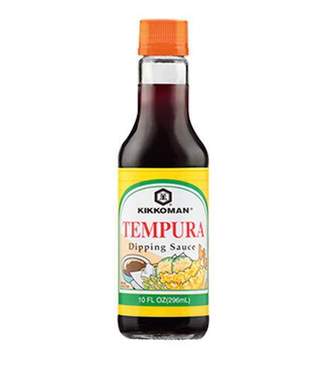 A bottle of Kikkoman Tempura Dipping Sauce with a label showing the product name and the American flag, indicating it is a product of U.S.