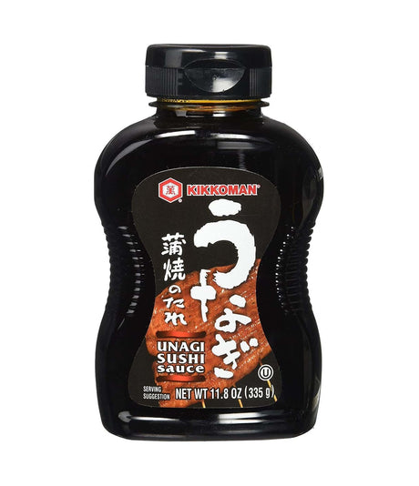 A bottle of Kikkoman Unagi Sushi Sauce with Japanese text on the label.