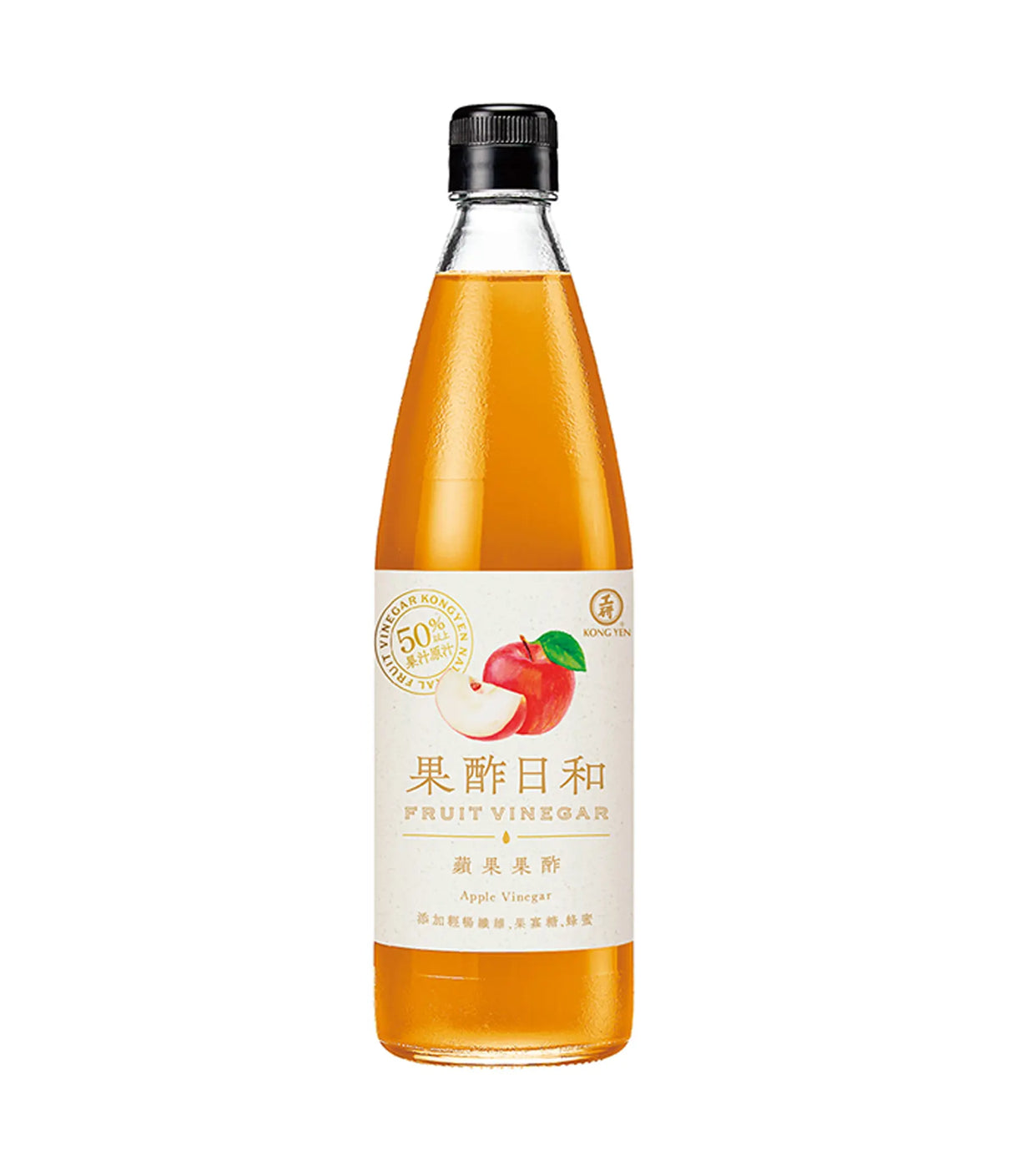 A bottle of Kong Yen Apple Vinegar 590ml with a label that includes a picture of an apple and vinegar-related imagery.
