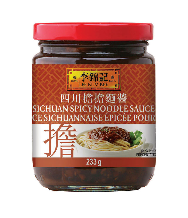 A jar of Lee Kum Kee Sichuan Style Spicy Noodle Sauce with a label showing the product name and an image of noodles with sauce. The weight of the product is 233g.