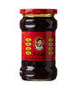 A jar of Lao Gan Ma Chili Sauce with Black Beans, 280g, with label information in Chinese characters