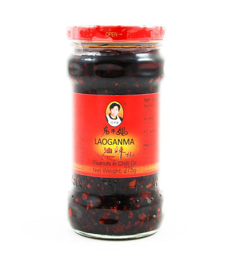 A jar of Lao Gan Ma Chili Sauce with Peanuts 275g, showing the product name and red lid on a white background.