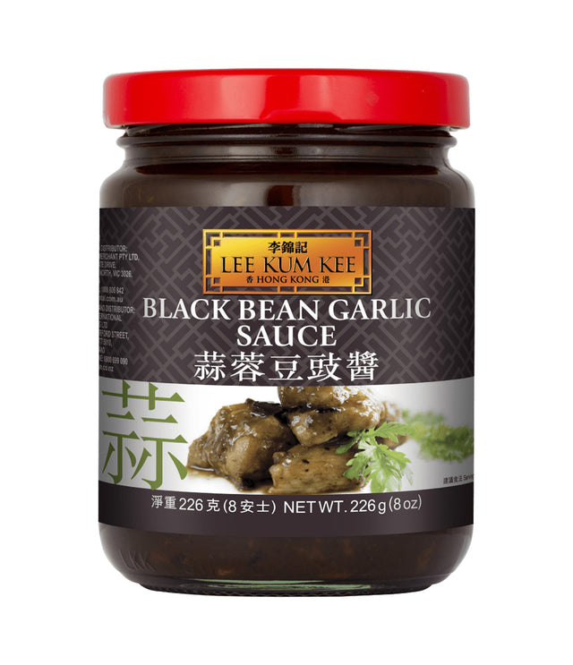A jar of Lee Kum Kee Black Bean Garlic Sauce, 226g, with a label showing the product name and an image of black beans and garlic.