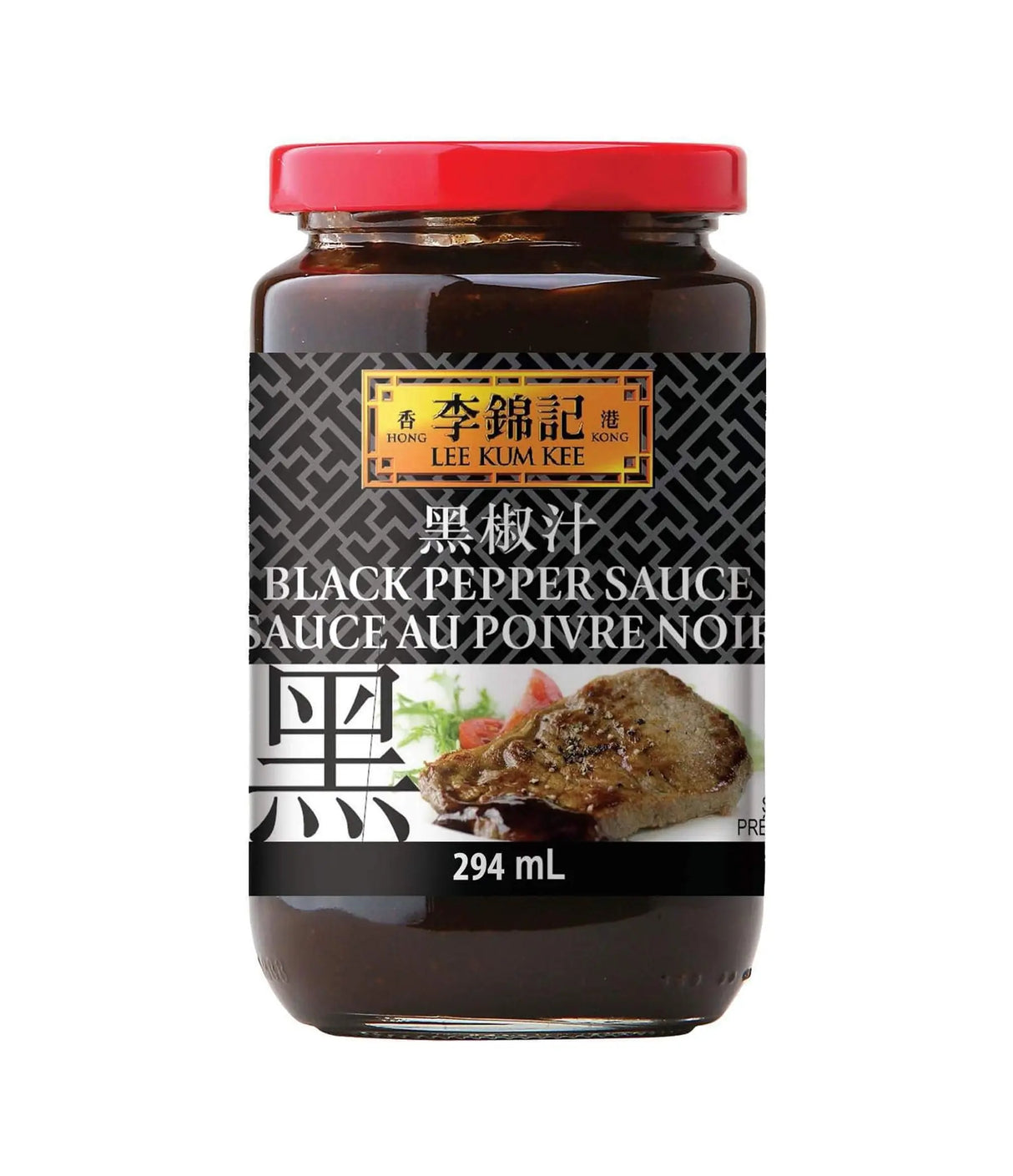 A jar of Lee Kum Kee Black Pepper Sauce with a label showing the product name and an image of a steak covered in the sauce.