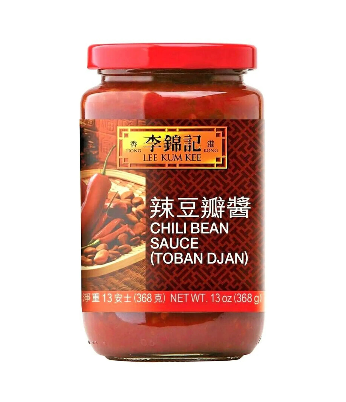 A jar of Lee Kum Kee Chili Bean Sauce (Toban Djan) with a red lid and label, displaying the product name and an image of chili peppers.