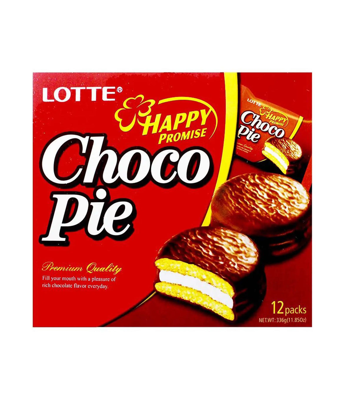 A box of Lotte Choco Pie, displaying the product name, images of the choco pie, and the number of pieces, 12 packs.