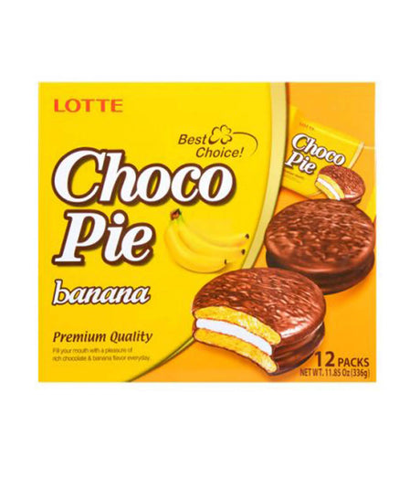 Packaging of Lotte Choco Pie Banana, showing the product name, image of the pie with banana slices, and the number of 12 packs included.