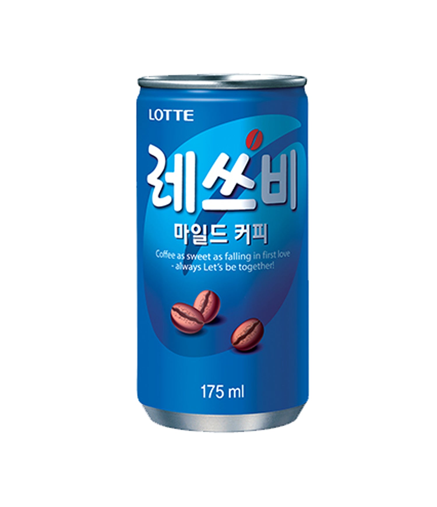 A can of Lotte Let's Be Mild Coffee, 175ml, with Korean text and coffee bean imagery on the front.