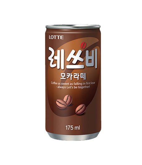 A can of Lotte Mocha Latte, 175ml, with Korean text and coffee bean graphics on the packaging.