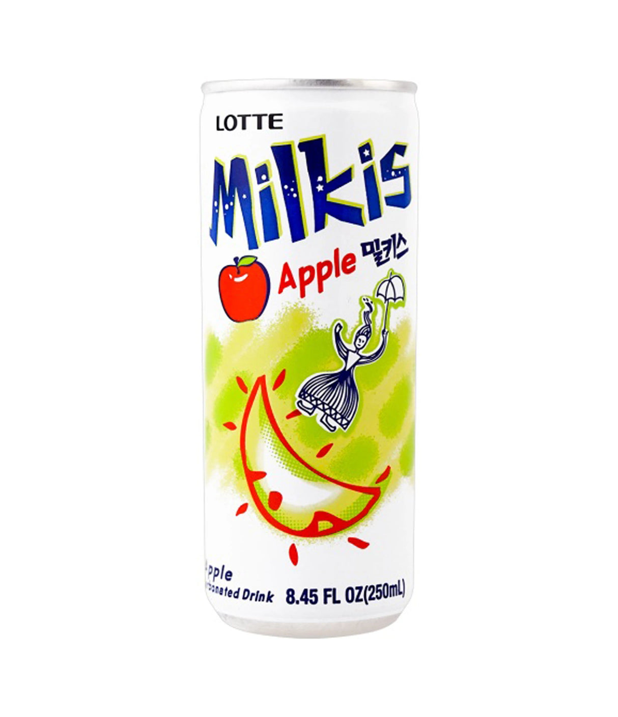 A can of Lotte Milkis Apple flavored drink, 250ml, with colorful graphics on the label.