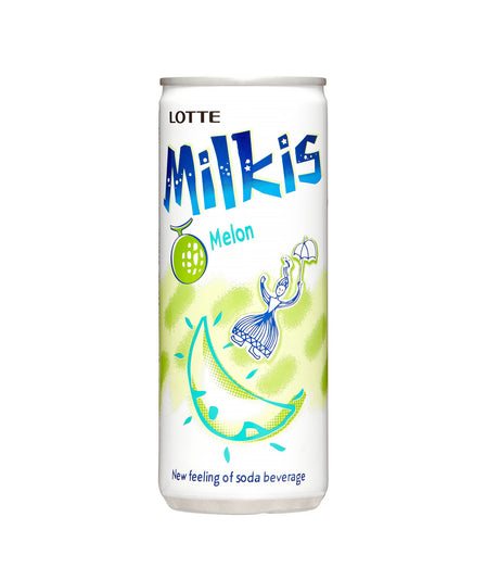 A can of Lotte Milkis (Melon) 250ml with illustrations of melons and a character on the label.