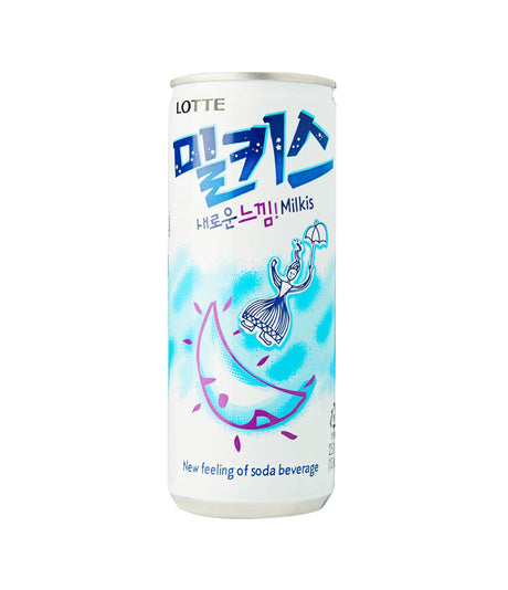 A can of Lotte Milkis soda with Korean text and blue graphics, including a stylized illustration of a milk bottle and leaves.