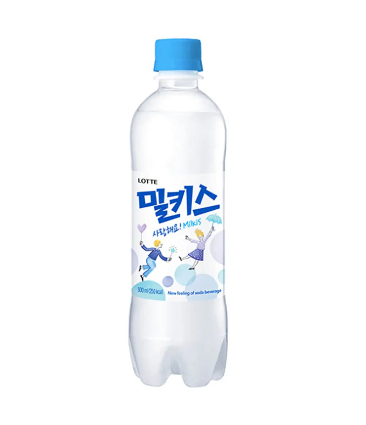 A 500ml bottle of Lotte Milkis, a Korean carbonated drink, with blue and white labeling.