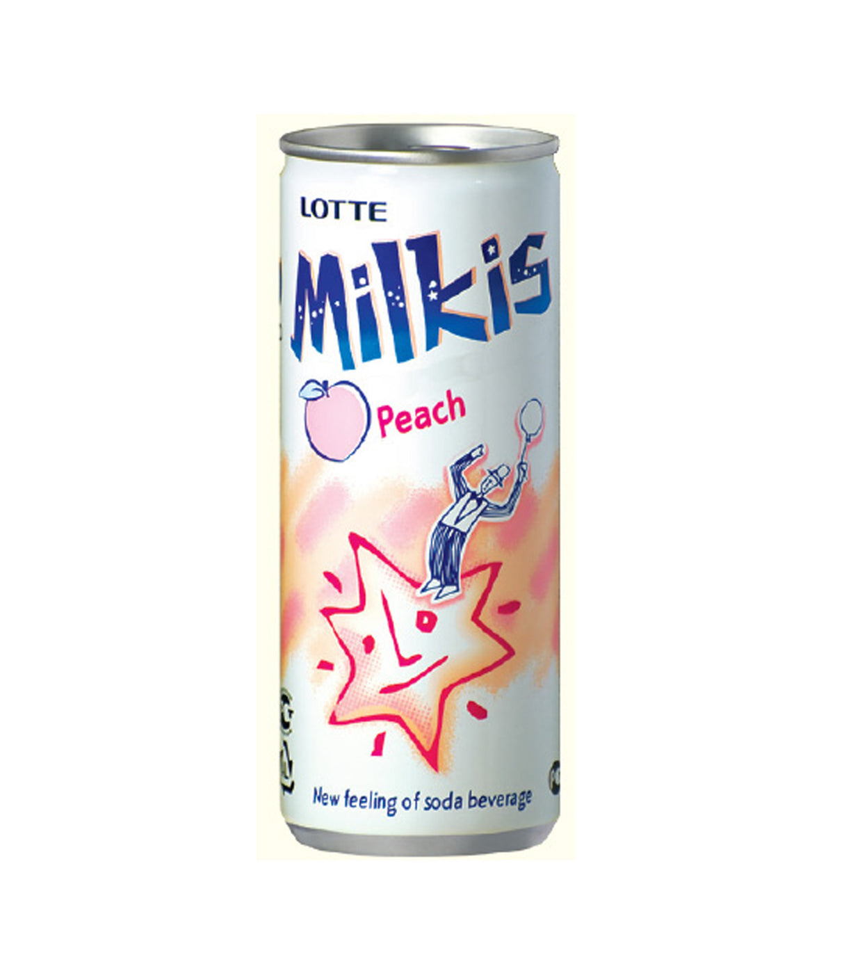 A can of Lotte Milkis with Peach flavor, predominantly white background with peach color accents and playful character illustrations.