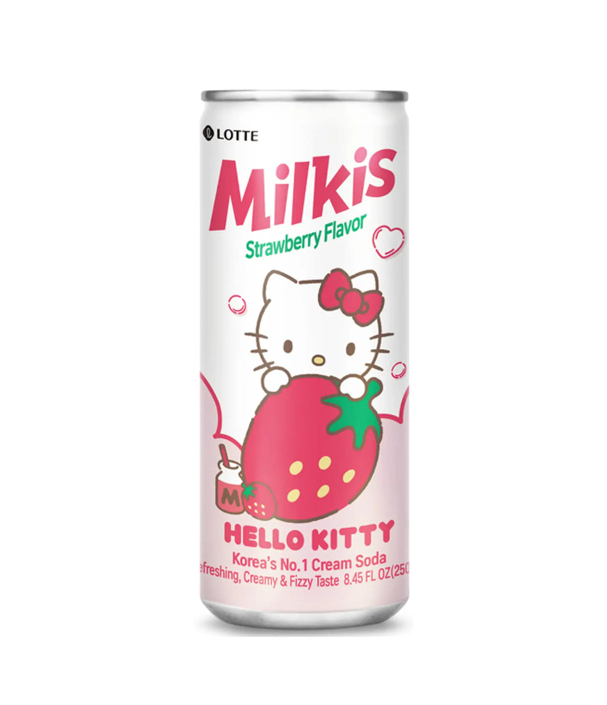 A can of Lotte Milkis strawberry flavor with Hello Kitty design