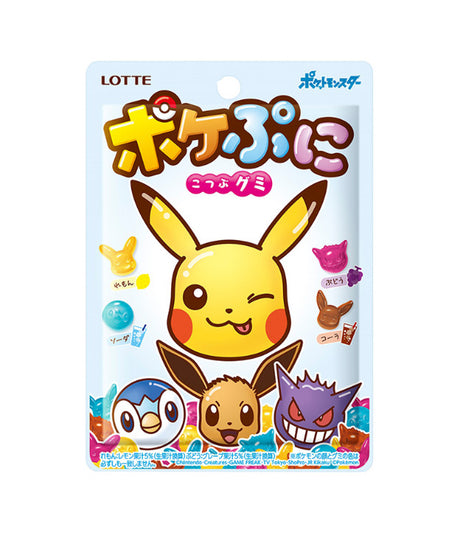 A package of Lotte Pokepuni Pokemon Gummy 80g featuring various Pokemon characters such as Pikachu, Eevee, and Charmander on the front.