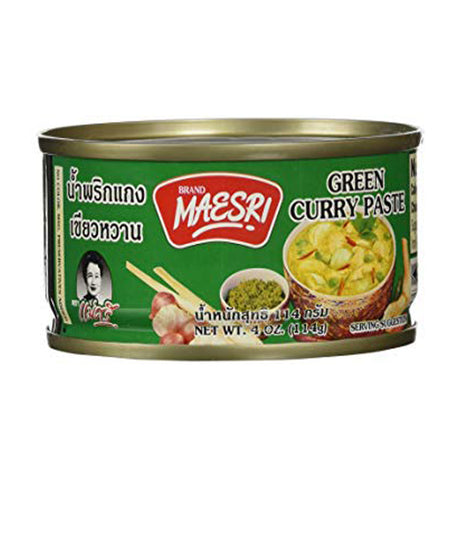 A can of Maesri Green Curry Paste, with an image of the product and its name in Thai script, against a white background.