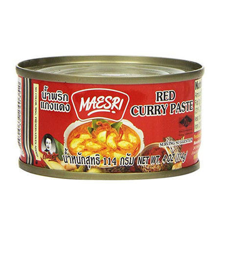 A can of Maesri Red Curry Paste, with product information and branding visible.