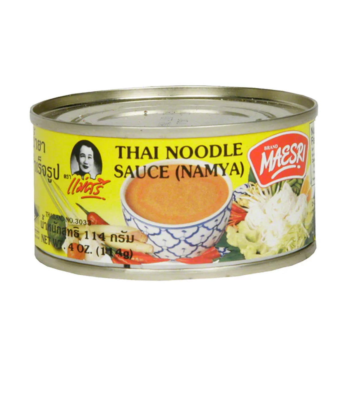 A can of Maesri Thai Noodle Sauce (Namya) with a picture of the product and branding visible.