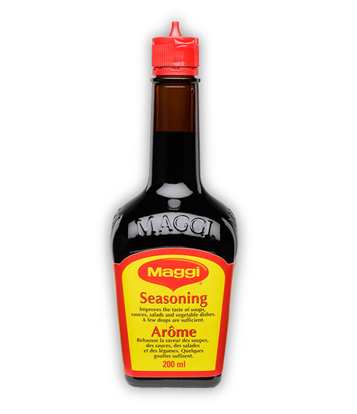 A bottle of Maggi Liquid Seasoning, 200ml, with a red cap, typically used as a soy sauce substitute or complement.