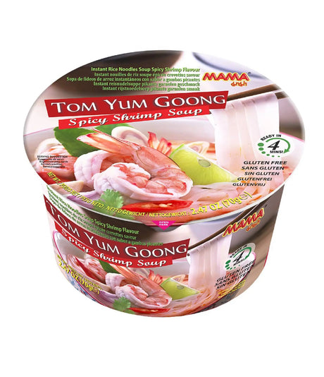 A packaged product of Mama Instant Rice Noodles Soup in Spicy Shrimp Flavour, with a depiction of shrimp and spices on the front.