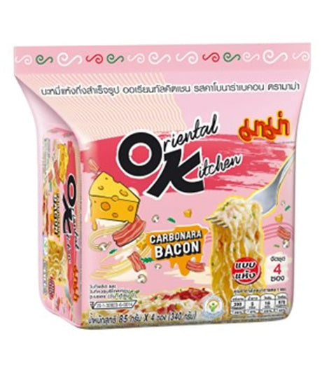 Packaging for Mama - Oriental Kitchen Instant Noodles (Carbonara Bacon) showing the product name, weight (85g), and image of the noodles with bacon and eggs.