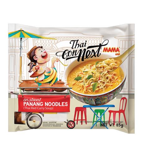 Packaging of Mama Thai Connext Instant Panang Noodles featuring an illustration of a woman serving noodles, with a bowl of panang noodles in the foreground.