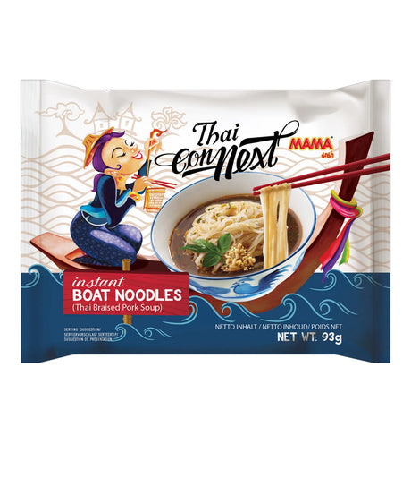 Packaging of Mama Thai Connext Instant Thai Boat Noodles featuring an illustration of a character holding a bowl of noodles and chopsticks, with a background of blue waves.