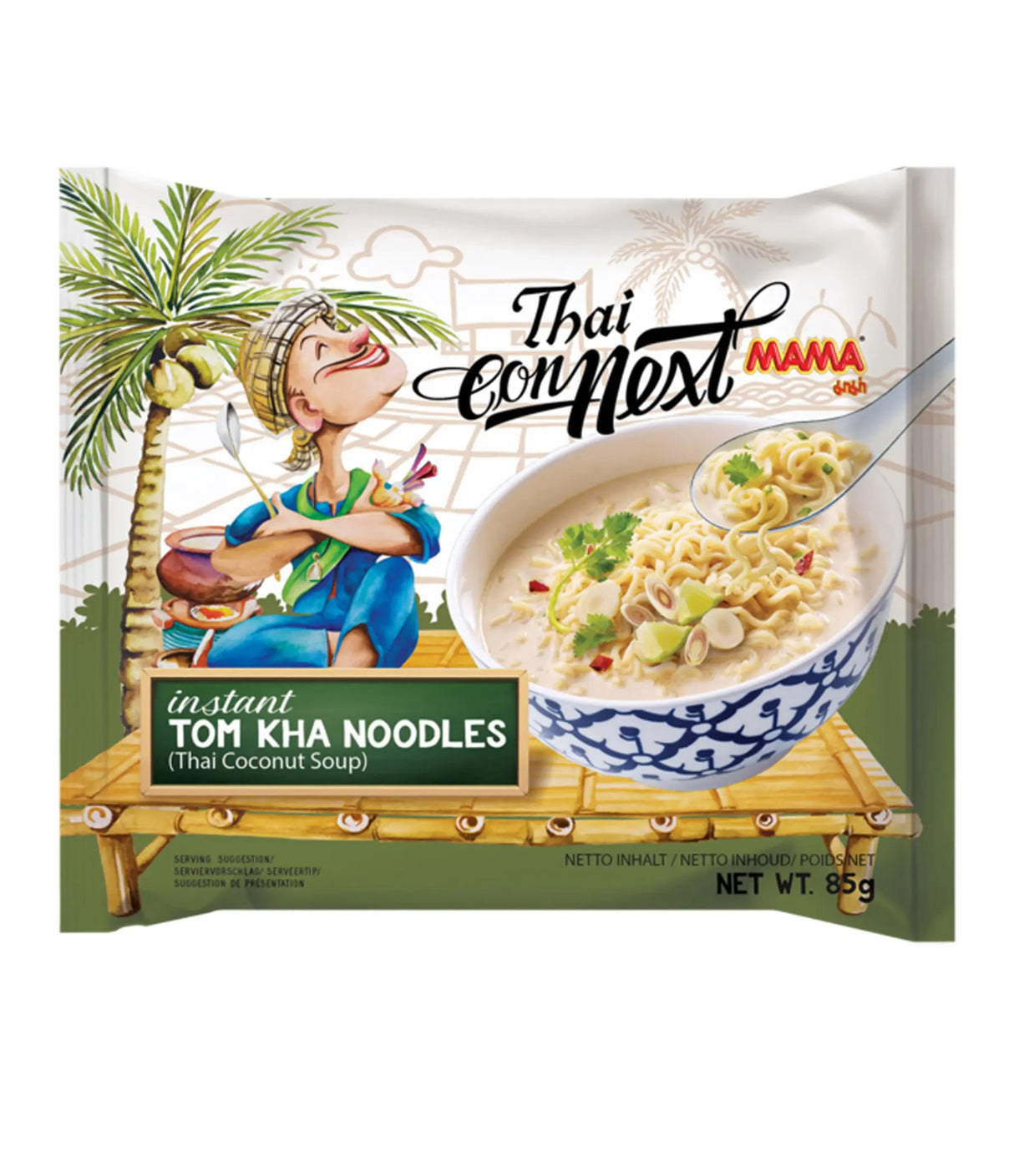Packaging for Mama Thai Connext Instant Tom Kha Noodles featuring an illustration of a person serving noodles from a bowl, with a palm tree and sun in the background.