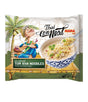 Packaging for Mama Thai Connext Instant Tom Kha Noodles featuring an illustration of a person serving noodles from a bowl, with a palm tree and sun in the background.
