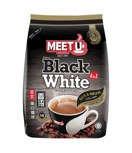 Packaging of Meet U Black White 4-in-1 coffee with a picture of a coffee cup and beans on the front.